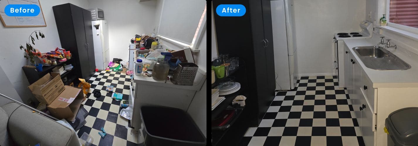 Before and after kitchen clean with a checkerboard floor